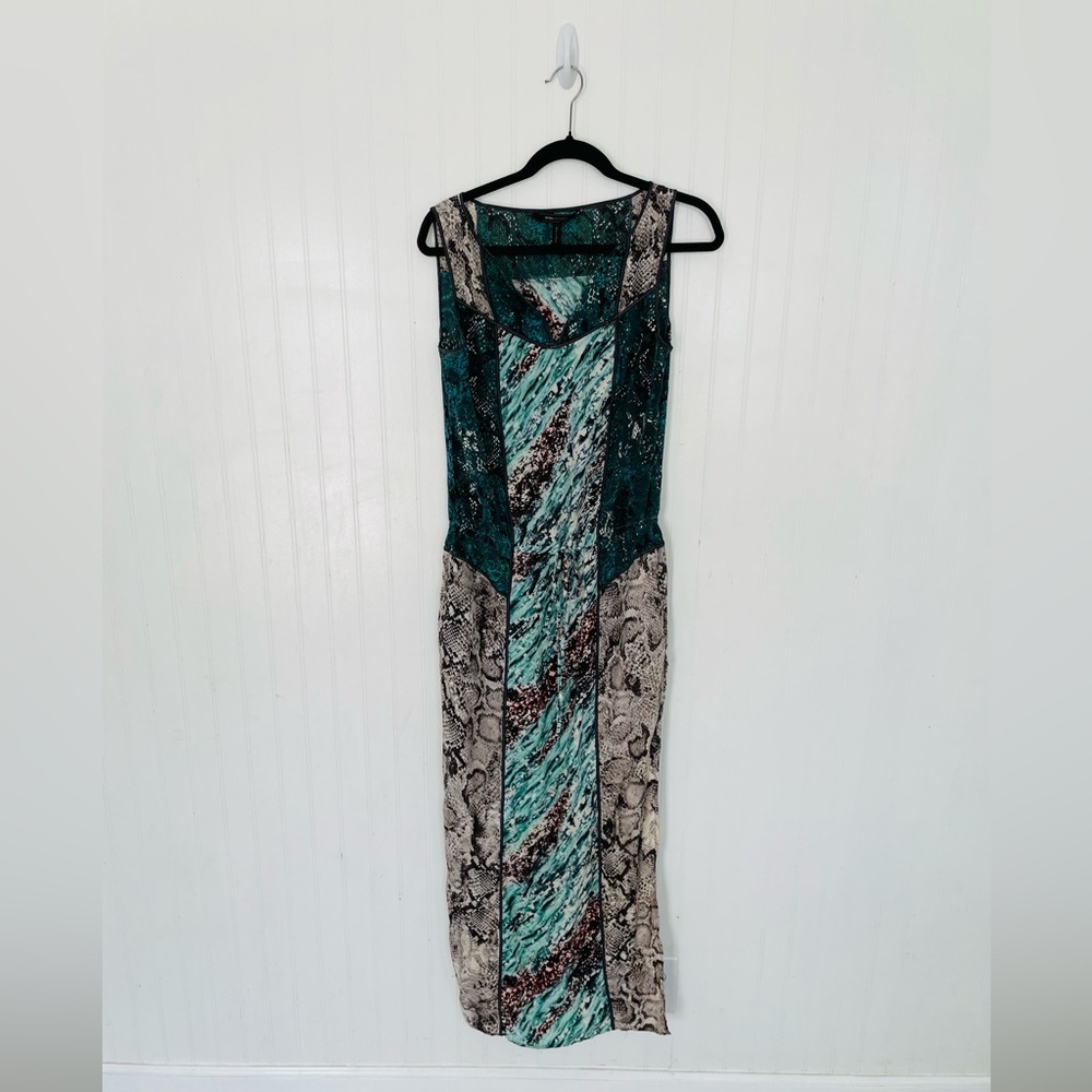 BCBGMaxazria Gustavo contract print teal snakeskin Silk maxi dress slit - Small